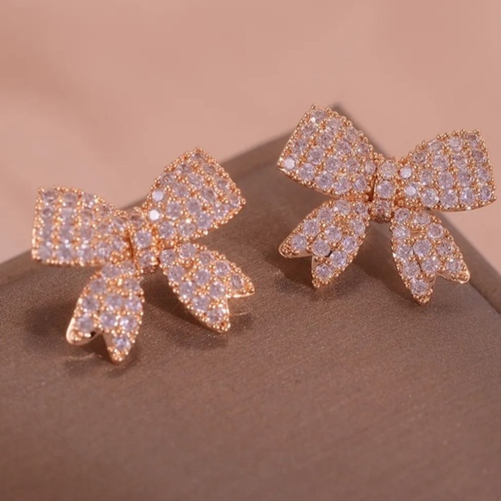Gold Crystal Bow Stud Earrings Pavé Bow Design Elegant Glam NWT